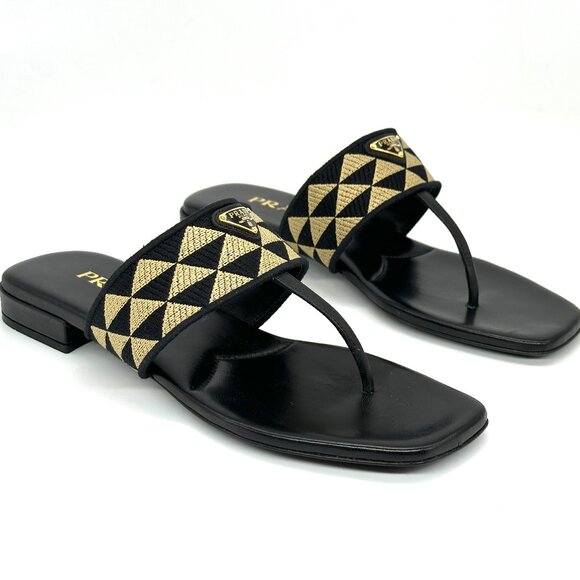 PRADA Triangular Triangle Logo Jacquard Woven T Strap Thong Flat Sandals - Picture 11 of 16